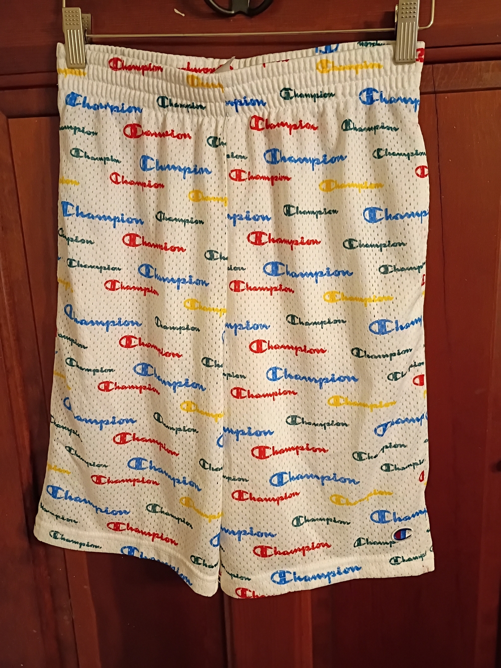 Champion White Mesh Shorts with Multicolor Logo Print Size XL